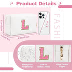 Small Personalized Initial A-Z Patch Makeup Bag,White Cute PU Leather Glitter Letter Cosmetic Bag for Teen Girls,Travel Toiletry Bag with Zipper,Preppy Monogrammed Birthday Gift for Daughter Niece L