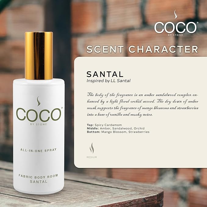 COCO by Stone 5oz All-in-One Spray (Santal) Shake & Spray Formula for Fabric, Pillows, Interiors, Clothing, Home Fragrance Accessories, Room Perfume, Room Deodorizer, Vegan & Cruelty-Free