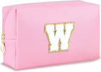 Initial Makeup Bag Personalized Preppy Travel Small Cosmetic Bag Cute PU Pink Chenille Letter Makeup Pouch for Purse Waterproof Zippered Toiletry Organizer for Women Girls Kids Friends (W)
