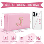 Personalized Initial A-Z Preppy Patch Makeup Bag,Small PU Leather Chenille Letter Cosmetic Bag with Zipper for Teen Girls,Pink Cute Travel Toiletry Bag,Birthday Monogrammed Gift for Daughter,Letter J