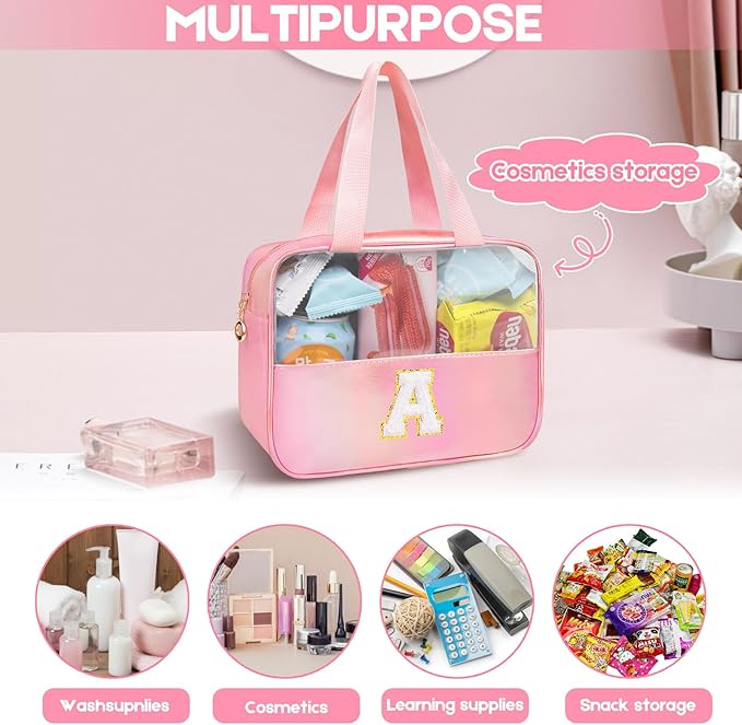 Initial Clear Makeup Bag Personalized Pink Clear Cosmetic Bag, Cute Large Make Up Bags Organizer Bag, Travel Toiletry Bag for Women Girl Gifts B (Pink)