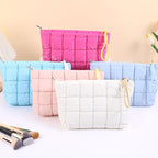 Puffer Quilted Makeup Bag Travel Cosmetic Bag Portable Puffy Checkered Toiletry Pouch Skincare Organizer Purse Pencil Case (Hot Pink)