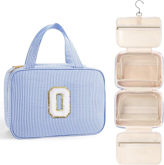 TOPEAST Travel Toiletry Bag for Women - Hanging Toiletry Bag Makeup Bag, Portable Toiletries Cosmetic Bag, Airplane Travel Essentials - Letter O, Blue