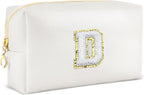 Gifts for Girls Initial Makeup Bag Personalized Cosmetic Bag with Zipper Cute Travel Toiletry Bags Waterproof PU Preppy Makeup Pouch Birthday Gift for Teen Girls Women(White D)