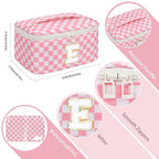 OCHEAL Makeup Bag for Women, Monogram Cosmetic Bag with Brush Holder, Pink Travel Makeup Case Beauty Toiletry Bag Organizer Personalized Gifts for Girls Bridesmaid, Sister, Wife, Friends Initial E