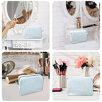 GFU Makeup Bag for Women, Cute Cosmetic Bag, Lightweight Toiletry Make up Bag, Large Seersucker Aesthetic Organizer Storage Pouch for Girls, Women and Moms Gifts, Lightblue