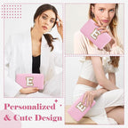 Personalized Initial A-Z Preppy Patch Makeup Bag,Small PU Chenille Letter Cosmetic Bag with Zipper for Teen Girls,Pink Cute Toiletry Organizer Bag,Monogram Makeup Case Gift for Women Girls,Letter E