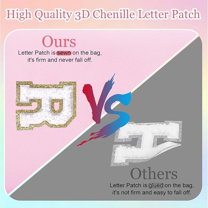 Small Personalized Letter Makeup Bag, Cute PU Leather Chenille Letters Cosmetic Bag Travel Makeup Pouch, Preppy Travel Organizer Zipper Pouch for Women&Girls（Pink-H）