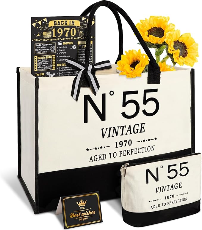 55th Birthday Gifts for Women Canvas Tote Bag Travel Gear,Unique 55 Years Old Gifts for Wife Mom Sister Aunt Friends Her, Vintage N°55 Handbag & Cosmetic Bag & Back in 1970 Poster