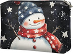 COEQINE Christmas Makeup Pouch for Purses for Women Leather Snowman Black Stars Mini Cosmetics Bag Cute Cosmetic Pouch for Women with Zipper Pen Pencil Toiletry Pouch for Birthday Xmas Gift