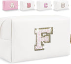 Small Personalized Glitter Initial Letter Makeup Bag, Cute PU Leather Chenille Letters Cosmetic Bag Travel Makeup Pouch, Preppy Travel Organizer Zipper Pouch for Women&Girls（White-F）