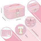 OCHEAL Makeup Bag for Women, Monogram Cosmetic Bag with Brush Holder, Pink Travel Makeup Case Beauty Toiletry Bag Organizer Personalized Gifts for Girls Bridesmaid, Sister, Wife, Friends Initial T