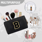 Personalized Initial Travel Preppy Makeup Bag, Small Cute Black Cosmetic Pouch Monogram Toiletry Organizer with Zipper, Waterproof PU Make Up Bags Storage Birthday Bridal Shower Women Gift (Letter B)
