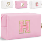 Small Personalized Glitter Initial Letter Makeup Bag, Cute PU Leather Chenille Letters Cosmetic Bag Travel Makeup Pouch, Preppy Travel Organizer Zipper Pouch for Women&Girls（PinkPink-H）