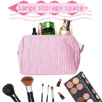 GFU Cosmetic Bag for Women, Large Makeup Bag, Travel Toiletry Stripe Cosmetic Bag, Seersucker Women Aesthetic Organizer Storage Pouch, Girls Handbags Purses (Pink)