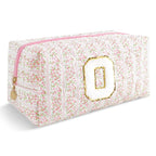 Personalized Quilted Cosmetic Bag, Puffy Monogrammed Christmas Birthday Gifts for Women & Girls, Cute initial Floral Makeup Bag Puffer Coquette Bag, Aesthetic Travel Toiletry Zipper Pouch(Pink,O)