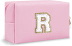 Small Travel Initial Preppy Makeup Bag, Personalized Pink Cute Cosmetic Organizer Chenille Letter Travel Toiltery Zipper Pouch, Monogram Makeup Storage Gifts for Friend Her Birthday Women(Letter R)
