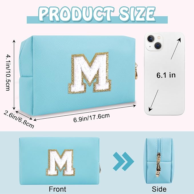 Small Travel Initial Preppy Makeup Bag, Personalized Cute Blue Cosmetic Organizer Chenille Letter Travel Toiltery Zipper Pouch, Waterproof PU Make Up Case Storage Mothers Day Gifts for Mom(Letter M)