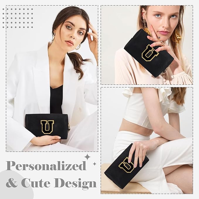 Personalized Initial A-Z Preppy Patch Makeup Bag,Small PU Chenille Letter Cosmetic Bag with Zipper for Teen Girls,Black Cute Toiletry Organizer Bag,Monogram Makeup Case Gift for Women Girls,Letter U