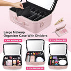 Large Makeup Bag with LED Mirror,Travel Cosmetic Train Case for Makeup Artists,Makeup Organizer Case with Divider Rechargeable Vanity Mirror with 3 Color Lights for Barber,MUA,Nail Tech, Pink