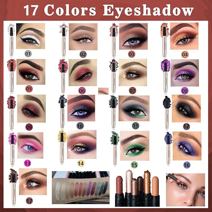 2 in 1 Rose Red Cream Eyeshadow Stick For Eye Makeup Shimmer Eyeshadow Pencil Eyeliner Palette Dark Light Matte Hypoallergenic Waterproof Long Lasting Eye Shadow Multi-Dimensional Eyes Look 06