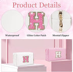 Small Personalized Glitter Initial Letter Makeup Bag, Cute PU Leather Chenille Letters Cosmetic Bag Travel Makeup Pouch, Preppy Travel Organizer Zipper Pouch for Women&Girls（WhiteRosePink-H）
