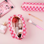 SOIDRAM Checkered Cosmetic Bag and Makeup Brush Storage Bag - Pink Travel Toiletry Organizer