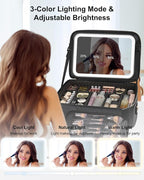 Relavel Travel Makeup Bag With LED Mirror, 16.2" Large Makeup Train Case, 3 Color Scenarios Adjustable Brightness, Waterproof Makeup Train Case Organizer with DIY Dividers for Makeup Artist, Black
