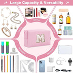 Small Personalized Initial A-Z Patch Makeup Bag,Pink Cute PU Leather Glitter Letter Cosmetic Bag for Teen Girls,Travel Toiletry Bag with Zipper,Preppy Monogrammed Birthday Gift for Daughter Niece M