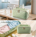 Abiudeng Travel Makeup Bag,Large Capacity Cosmetic Bags Toiletry Bag for Travel Essentials,Waterproof Portable Pouch Open Flat Makeup bag Organizer with Divider and Handle(Checkered-Green)