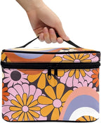 Hippie Daisy 70s 80s Wavy Swirl Design Makeup Bags for Women Large Capacity Toiletry Organizer Bags Portable Tote Cosmetic Pouch with Carry Handle and Brushes Slots Travel Sccessories