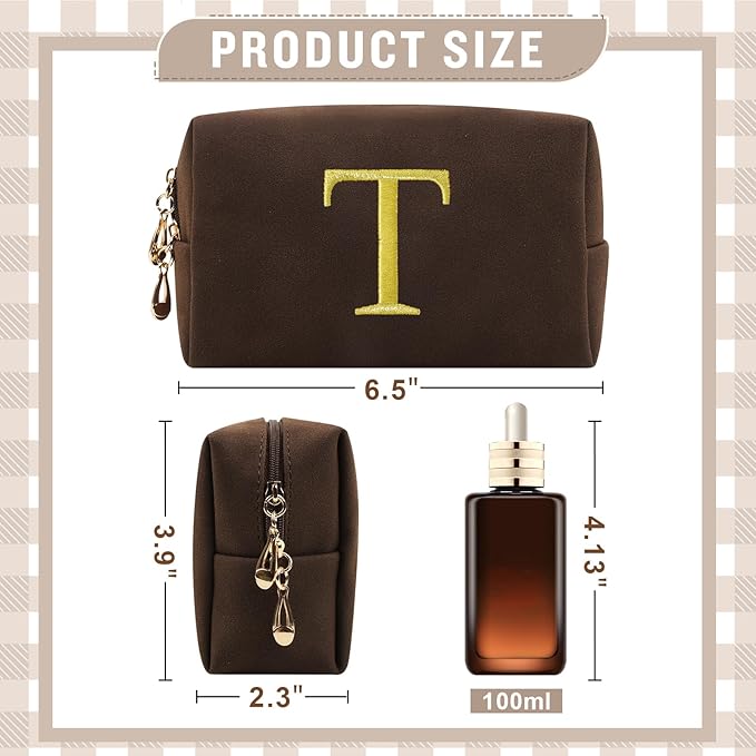 Personalized Initial Makeup Bag,Preppy Suede Cosmetic Bag for Teen Girls,Small Monogram Travel Toiletry Bag With Gold Embroidered Letter,Trendy Stuff Custom Christmas Gift for Women(Coffee-T)