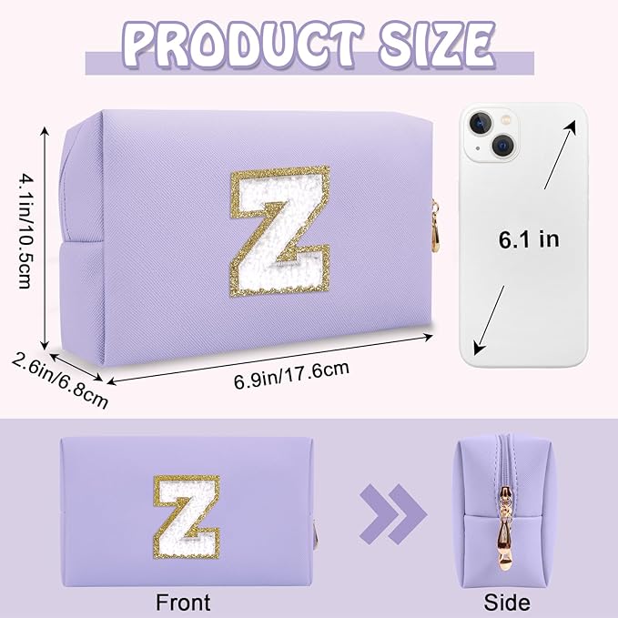 Small Initial Preppy Makeup Bag, Personalized Cute Purple Cosmetic Organizer Chenille Letter Travel Toiletry Zipper Pouch for Purse, Waterproof PU Makeup Case Birthday Gifts for Women Friend(Letter Z)