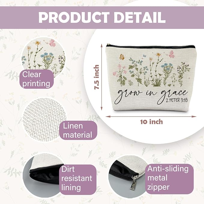 Christian Floral Makeup Bag Pouch, Grow in Grace 2 Peter 3:18, Religious Christian Gifts for Women, Bible Verse Gifts, Bible Verse Cosmetic bag