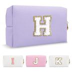Personalized Makeup Bag Initial A-Z Preppy Patch Bag,Small PU Leather Travel Cosmetic Bag Pouch with Zipper,Purple Cute Toiletry Bag,Gift Ideal for Teen Girls Women Birthday Friend Mom,Latter H