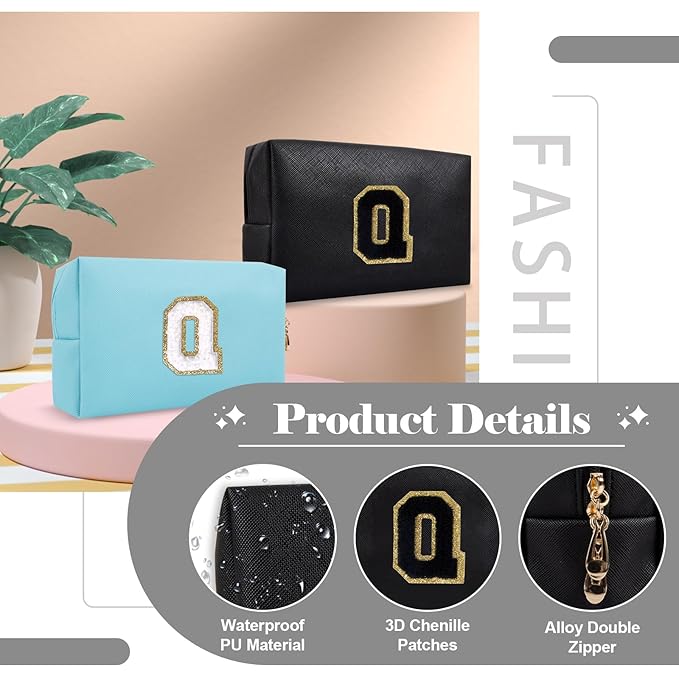 Personalized Initial A-Z Preppy Patch Makeup Bag,Small PU Chenille Letter Cosmetic Bag with Zipper for Teen Girls,Black Cute Toiletry Organizer Bag,Monogram Makeup Case Gift for Women Girls,Letter Q
