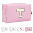 Small Personalized Initial A-Z Patch Makeup Bag,Pink Cute PU Leather Glitter Letter Cosmetic Bag for Teen Girls,Travel Toiletry Bag with Zipper,Preppy Monogrammed Birthday Gift for Daughter Niece T