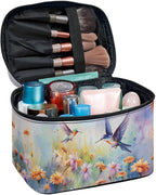 Hummingbird Vibrant Floral Pattern Travel Makeup Bag for Women Large Capacity Cosmetic Bag with Zipper and Handle Portable Toiletry Bag Make Up Organizers