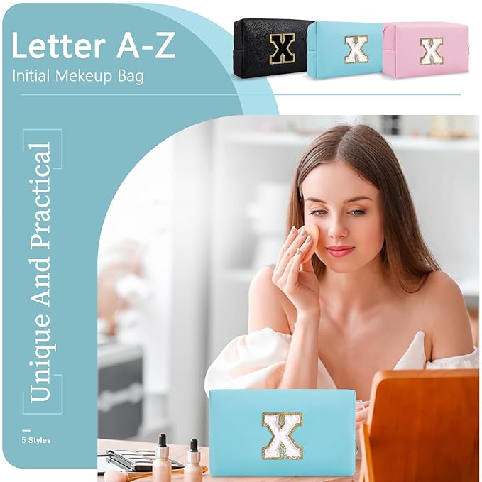 Small Personalized Initial A-Z Preppy Patch Makeup Bag,PU Chenille Letter Travel Cosmetic Pouch with Zipper,Blue Cute Toiletry Bag,Gift Ideal for Teen Girls Women Teacher Bridesmaid,Letter X