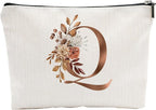 A-Z Boho Personalized Cosmetic Bag-Floral Cotton Letter Makeup Bag With Zipper-Artistic Cosmetic Bag For Travel-Bride,Birthday Gift For Women Daughter Friends-Women Makeup Organizer-A17
