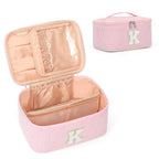 OCHEAL Makeup Bag for Women, Monogram Cosmetic Bag with Brush Holder, Pink Travel Makeup Case Beauty Toiletry Bag Organizer Personalized Gifts for Girls Bridesmaid, Sister, Wife, Friends Initial K