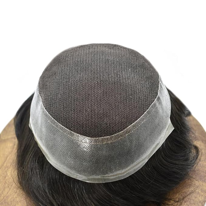Toupee for Men French Lace Center Human Hair Replacement Systems Transparent Lace Center Hair Piece Mens Toupee Hair Units for Man V-Looped Front Male Hair Prosthesis 7"X10" 1B# OFF BLACK