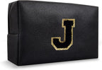 Personalized Preppy Small Travel Makeup Bag, Initial Cute Chenille Letter Black Makeup Case Cosmetic Pouch Toiletry Organizer, PU Leather Waterproof Make Up Storage Preppy Stuff for Women(Letter J)