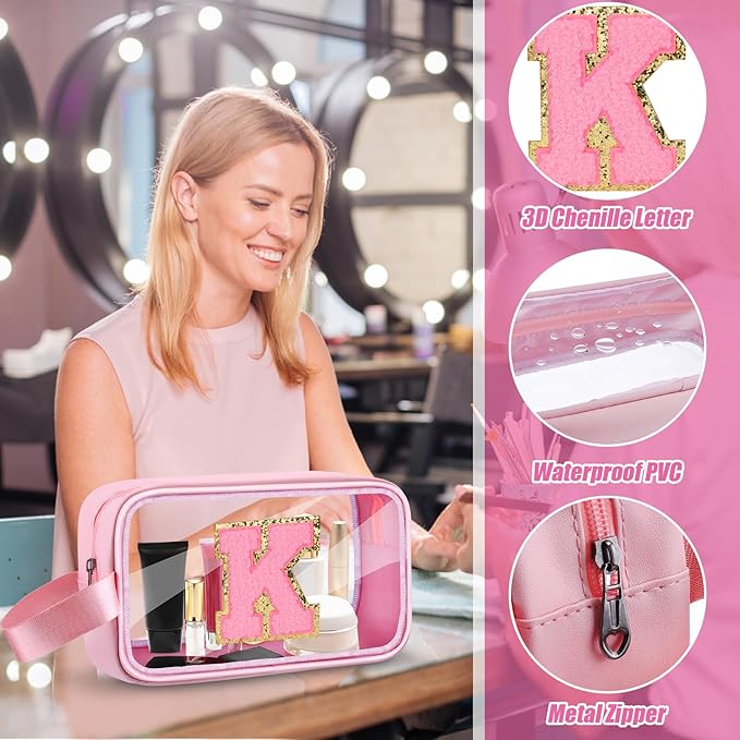 Initial Makeup Bag,Letter K Cute Clear Monogrammed Cosmetic Travel Bag for Womens Girls,Personalized Pink Aesthetic Traveling Make Up Organizer Bag for Beach,Waterproof Toiletry Bag
