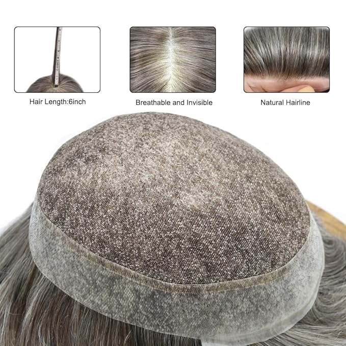 FACE MIRACLE Mens Toupee Lace Front Hairpieces Soft Human Hair Replacement System Natural Hairline Toupee for Men French Lace Poly V-Looped Mens hair Units 6"X8" #260 Darkest Brown with 60% Gray