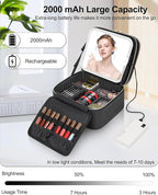 TANTO Travel Makeup Bag with LED Mirror Double Layer Makeup Case with Lighted Mirror Dual Layer Cosmetic Train Case Portable Artist Organizer Bag with Dividers and Rechargeable Vanity (Black, Small)