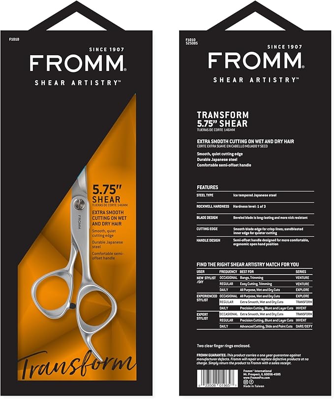 Fromm Transform 5.75" Extra Smooth Hair Cutting Shears for Wet and Dry Hair, Polished Silver Japanese Steel Scissors with Beveled Blade