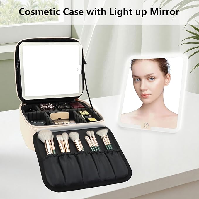 Travel Makeup Bag with LED Mirror Travel Makeup Organizer with 3 Lighted Settings, Adjustable Dividers and Makeup Brush Storage Bag White