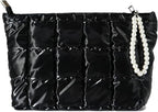 Puffer Quilted Makeup Bag Travel Cosmetic Bag Portable Puffy Checkered Toiletry Pouch Skincare Organizer Purse Pencil Case (Black)