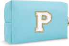Personalized Initial Preppy Makeup Bag Organizer, Small Blue Cosmetic Bag Monogram Travel Toiletry Zipper Pouch for Purse, Portable Waterproof PU Make Up Case Party Gift for Women Friends(Letter P)
